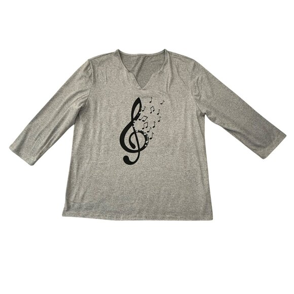 Music Treble Clef Top Size XL Gray Three Quarter Sleeve Stretch Knit - Picture 3 of 9
